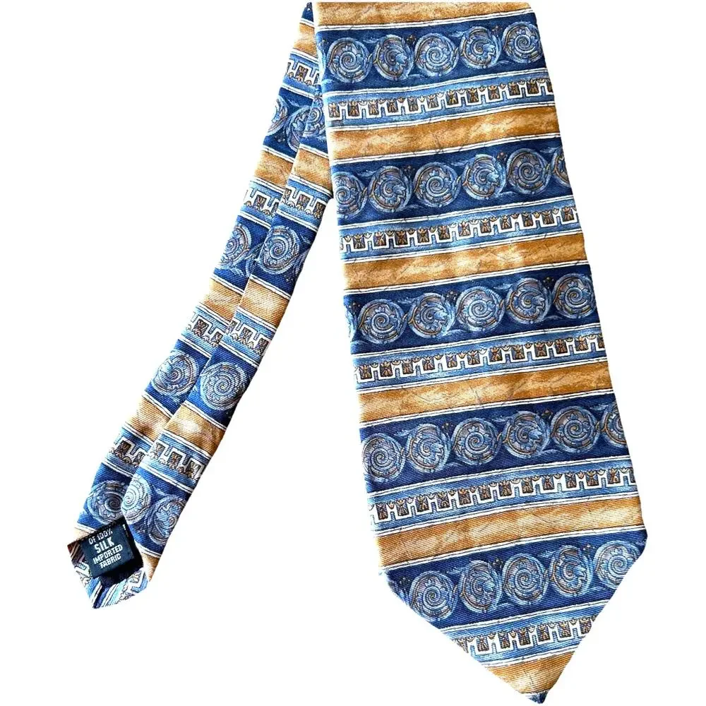 VTG 80s 90s Bill Blass Silk Tie Ivy League Blue Tan Classic Geometric Pattern